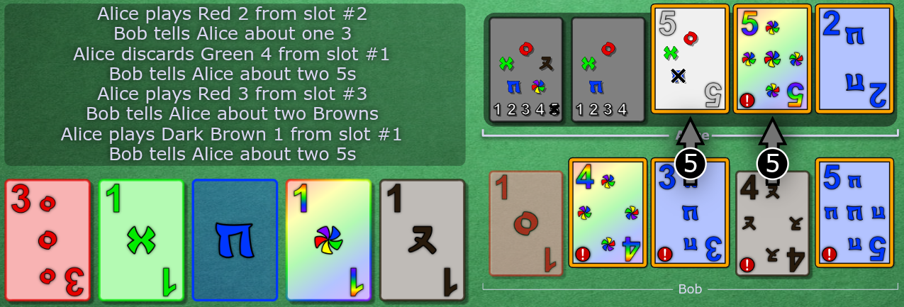 Alice's slots 2, 3, 4 and 5 are previously clued. Bob clues 5 Alice, touching slots 2 and 3.