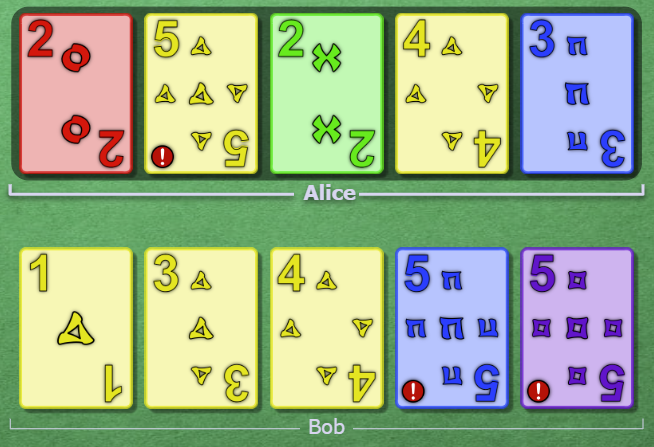 Alice has r2 in slot 1, and Bob has y1 in slot 1.