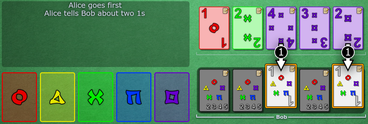 No cards have been played. Alice clues 1 to Bob.