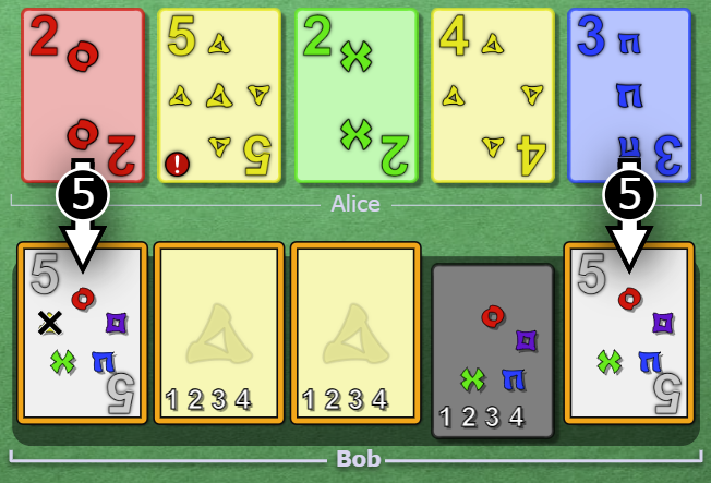 Alice clues 5 to Bob, touching slots 1 and 5. Slots 2 and 3 are previously clued.