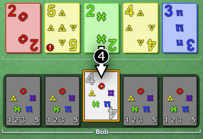 Alice clues 4 to Bob, touching slot 3.