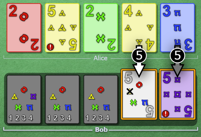 Alice clues 5 to Bob, touching slots 4 and 5. Slot 5 is previously clued.