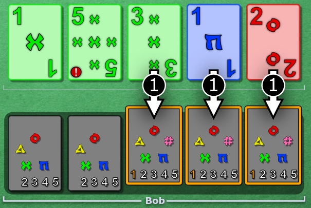 Alice clues 1 to Bob, touching slots 3, 4 and 5.
