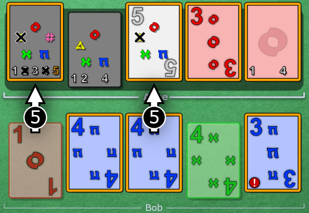 Alice is loaded on r3. Bob clues 5 to Alice, touching slots 1 and 3.