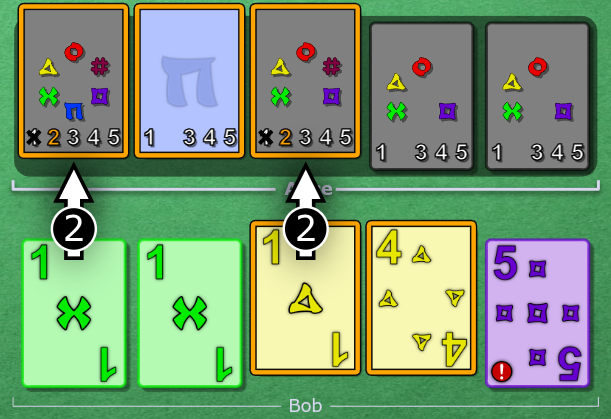 Alice's slot 2 is previously clued. Bob clues 2 to Alice, touching slots 1 and 3.