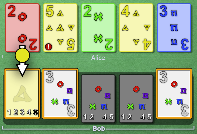 Alice clues yellow to Bob, touching slot 1. Slots 2 and 5 are previously clued.