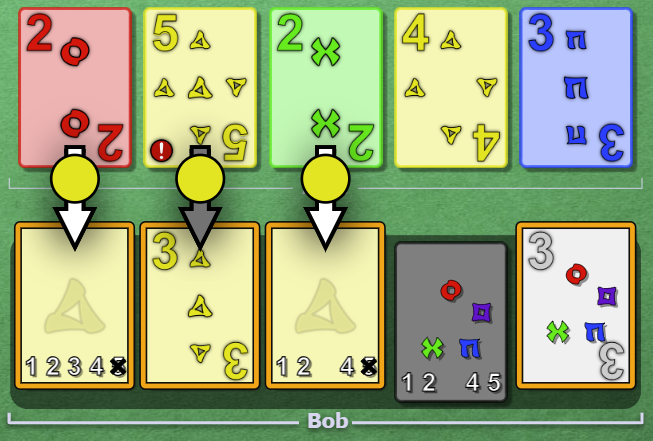 Alice clues yellow to Bob, touching slots 1, 2 and 3. Slots 2 and 5 are previously clued.