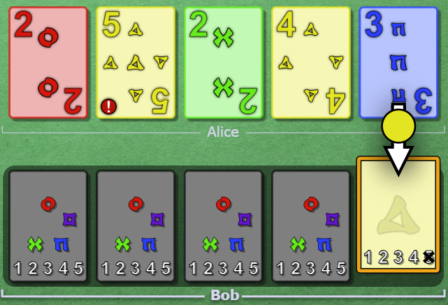 Alice clues yellow to Bob, touching slot 5.