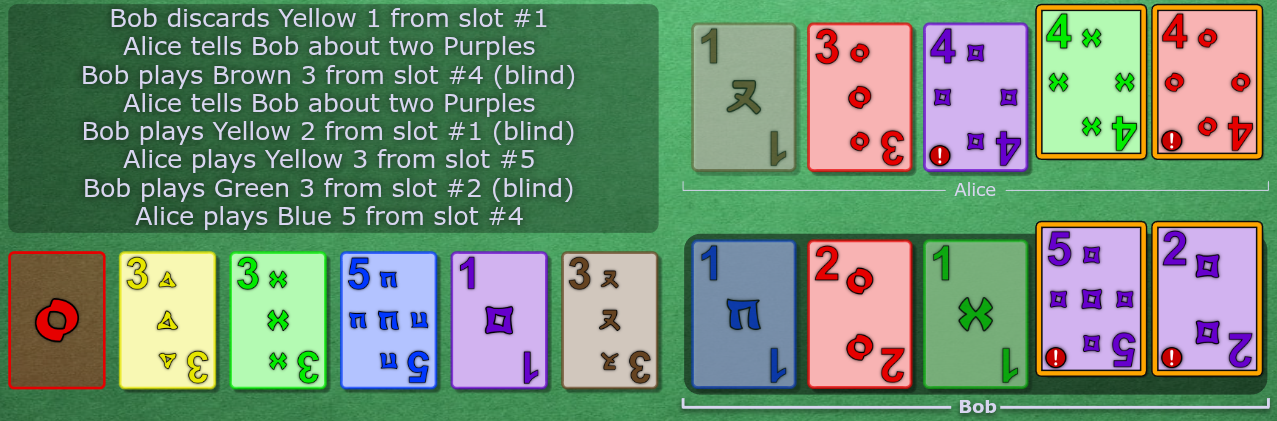 Alice newly drew a trash n1, with a p4 in slot 3 and two clued cards in slots 4 and 5.