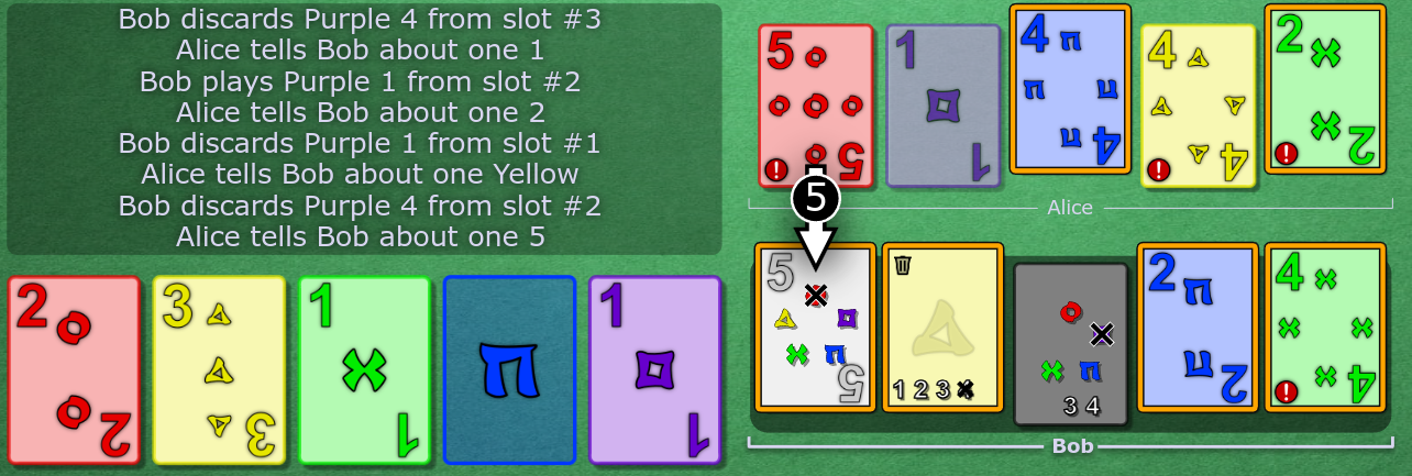 y4 is on the play stacks. Alice clues 5 to Bob, revealing a yellow card as !5.