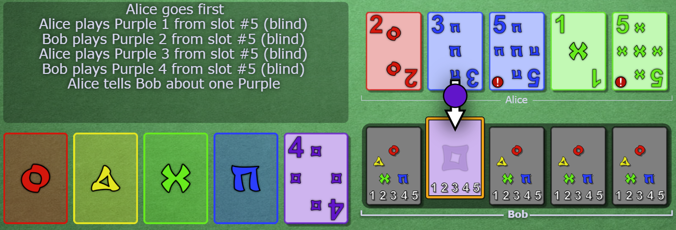 p4 is on the play stacks. Alice clues purple to Bob, touching slot 2.