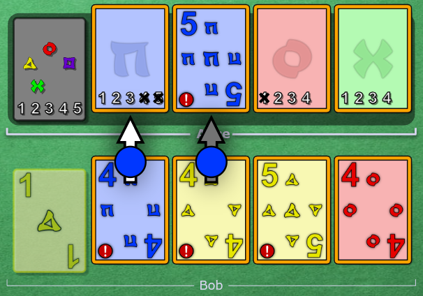 Bob clues blue to Alice, newly touching slot 2 and retouching slot 3.